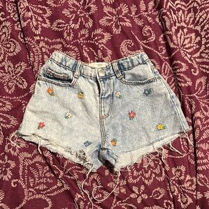 Zara Light Blue Jean Shorts with Floral Embroidery